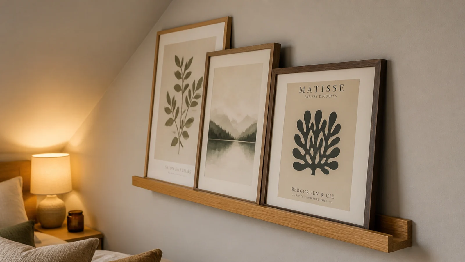 oak picture ledge on the vertical wall below a slanted attic surface