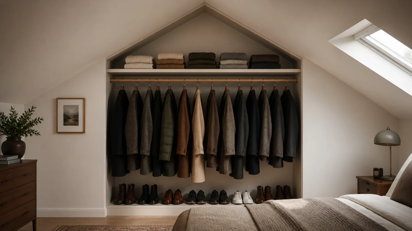 clothes rail positioned under the tallest section of a slanted wall room