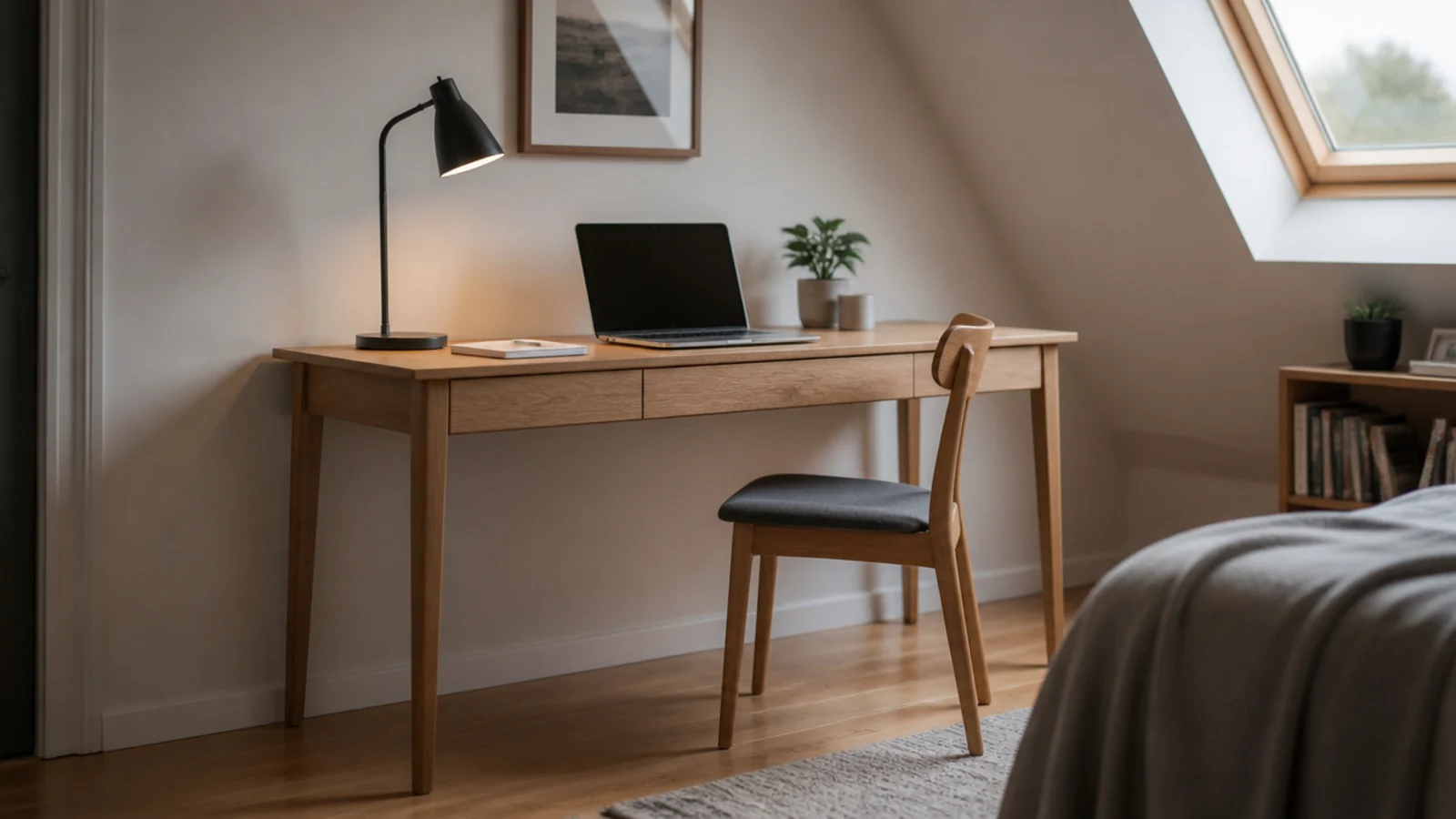 desk placed against a straight attic wall with clear headroom above