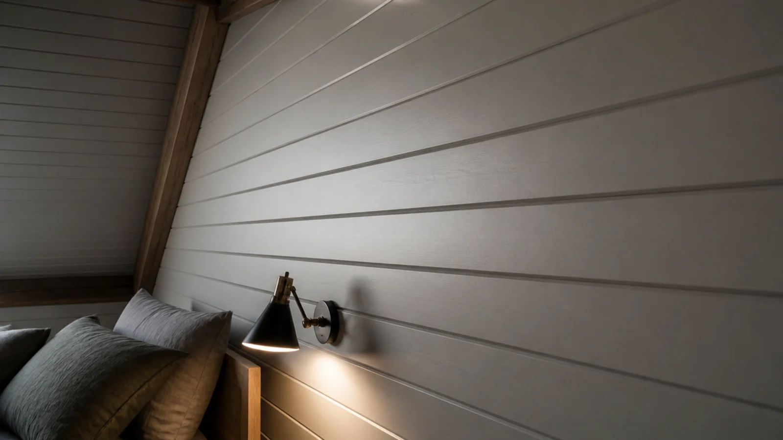 narrow painted boards running up a slanted attic bedroom wall