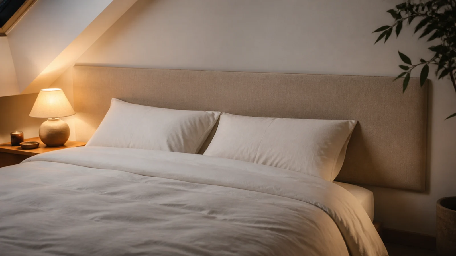 padded wall panel fixed behind a bed against a slanted attic wall
