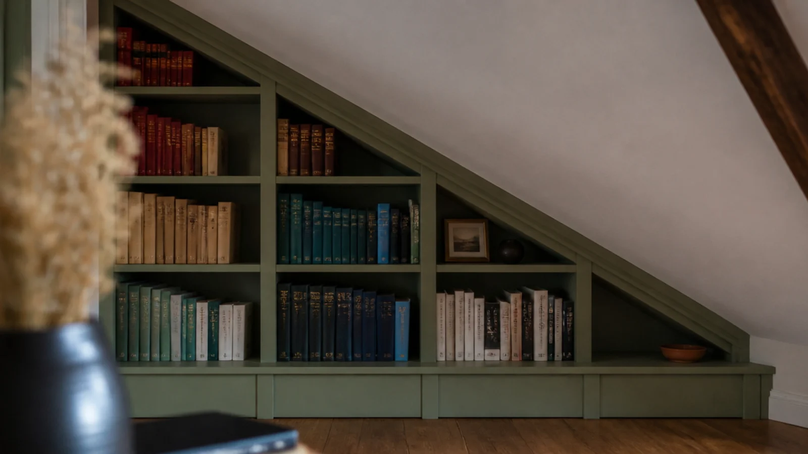 bookcase with shelves stepping down to follow a slanted attic wall