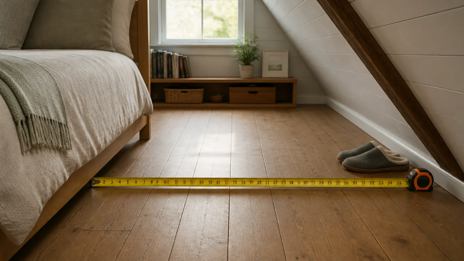 measured clear walkway running beside a slanted attic bedroom wall