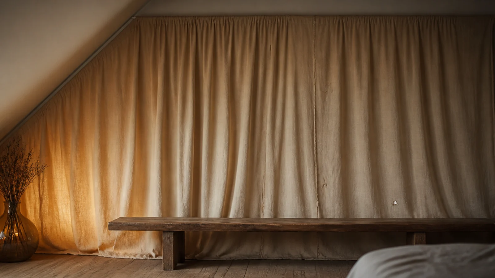 full width curtain hung across a poor condition slanted attic wall