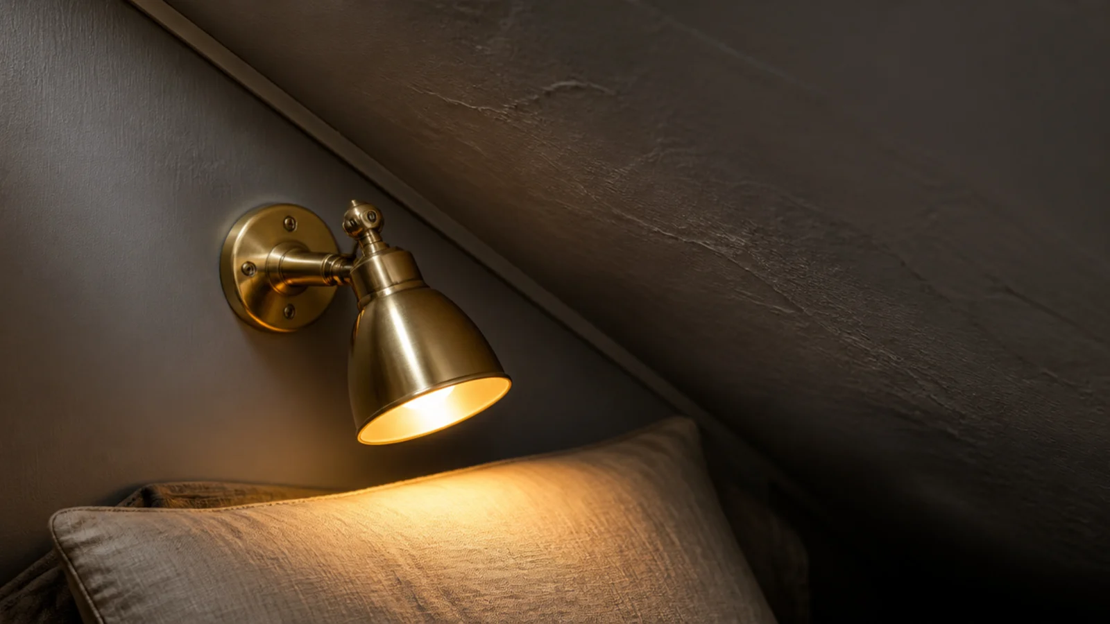 wall light mounted on the straight face beside a slanted attic wall
