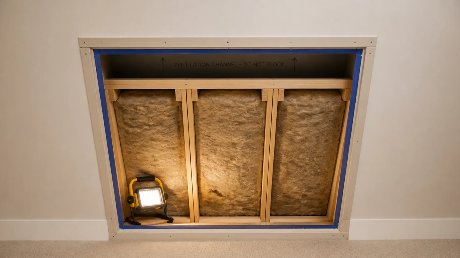 insulation and clear air channel behind an opened slanted wall panel