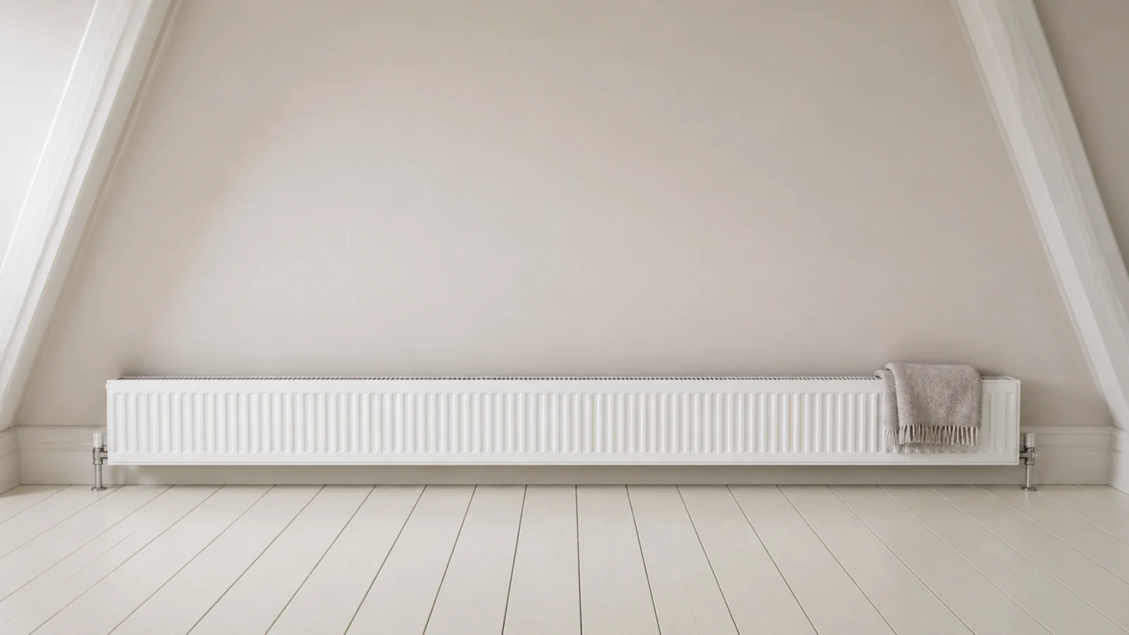low horizontal radiator running along the base of a slanted attic wall