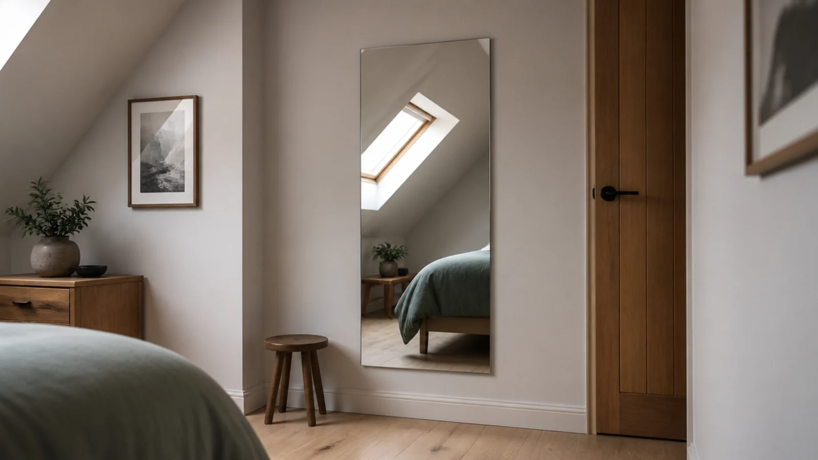 tall mirror fixed to the straight wall opposite a slanted attic surface