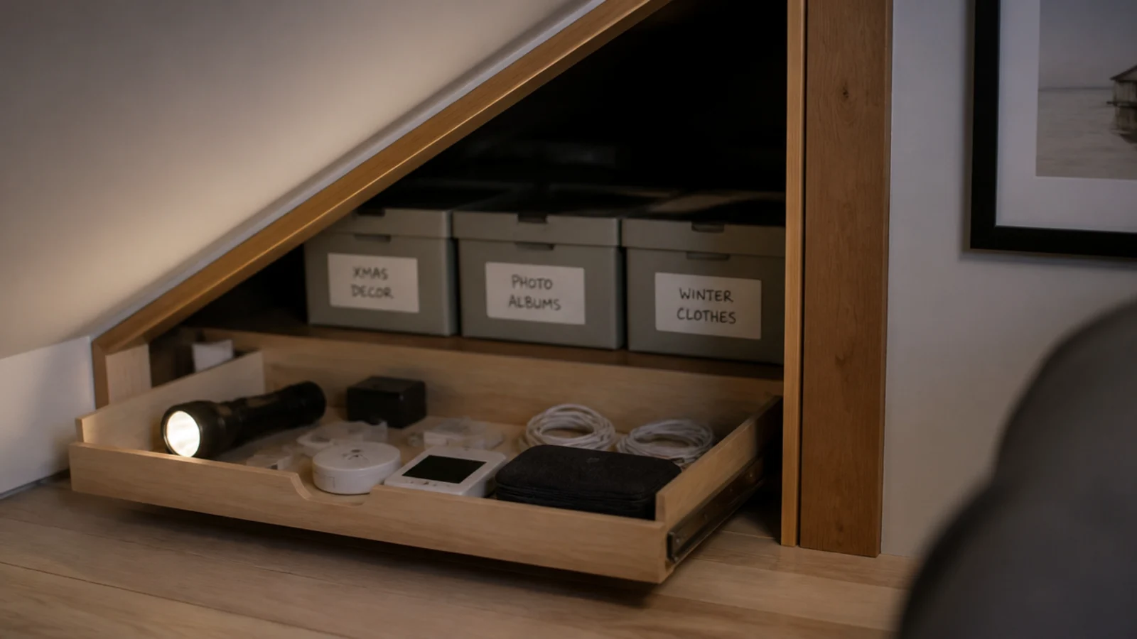 labelled boxes stored deep under a slant with daily items in front