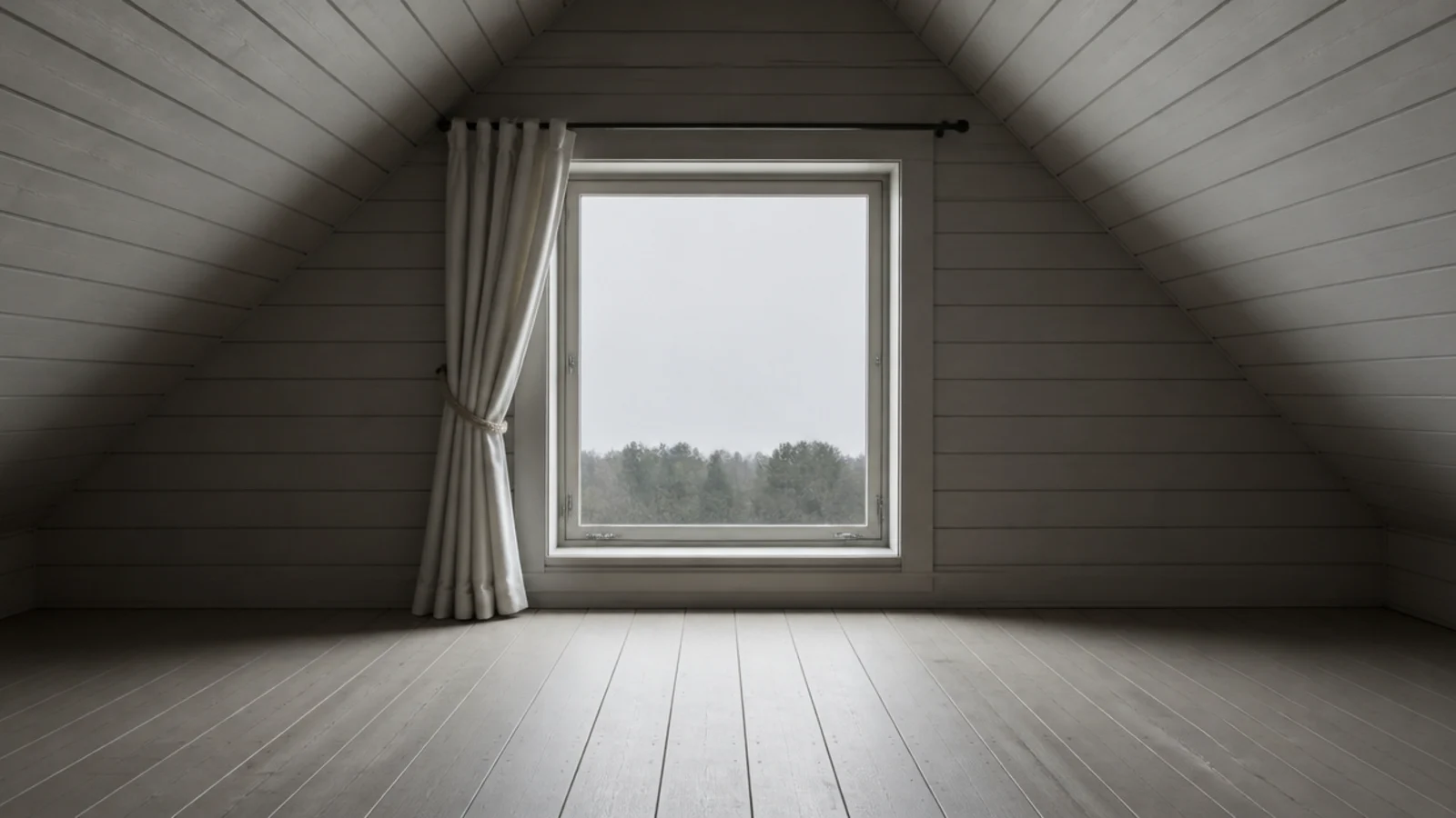 clear attic escape window framed by slanted walls with empty floor