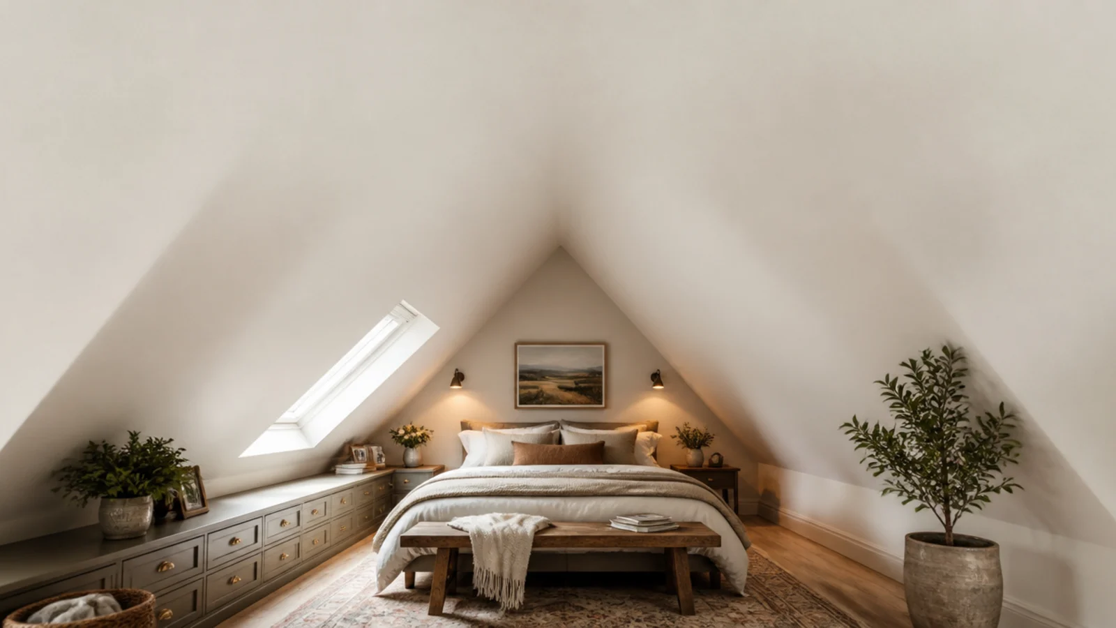 vertical view of a slanted wall attic bedroom with fitted low storage