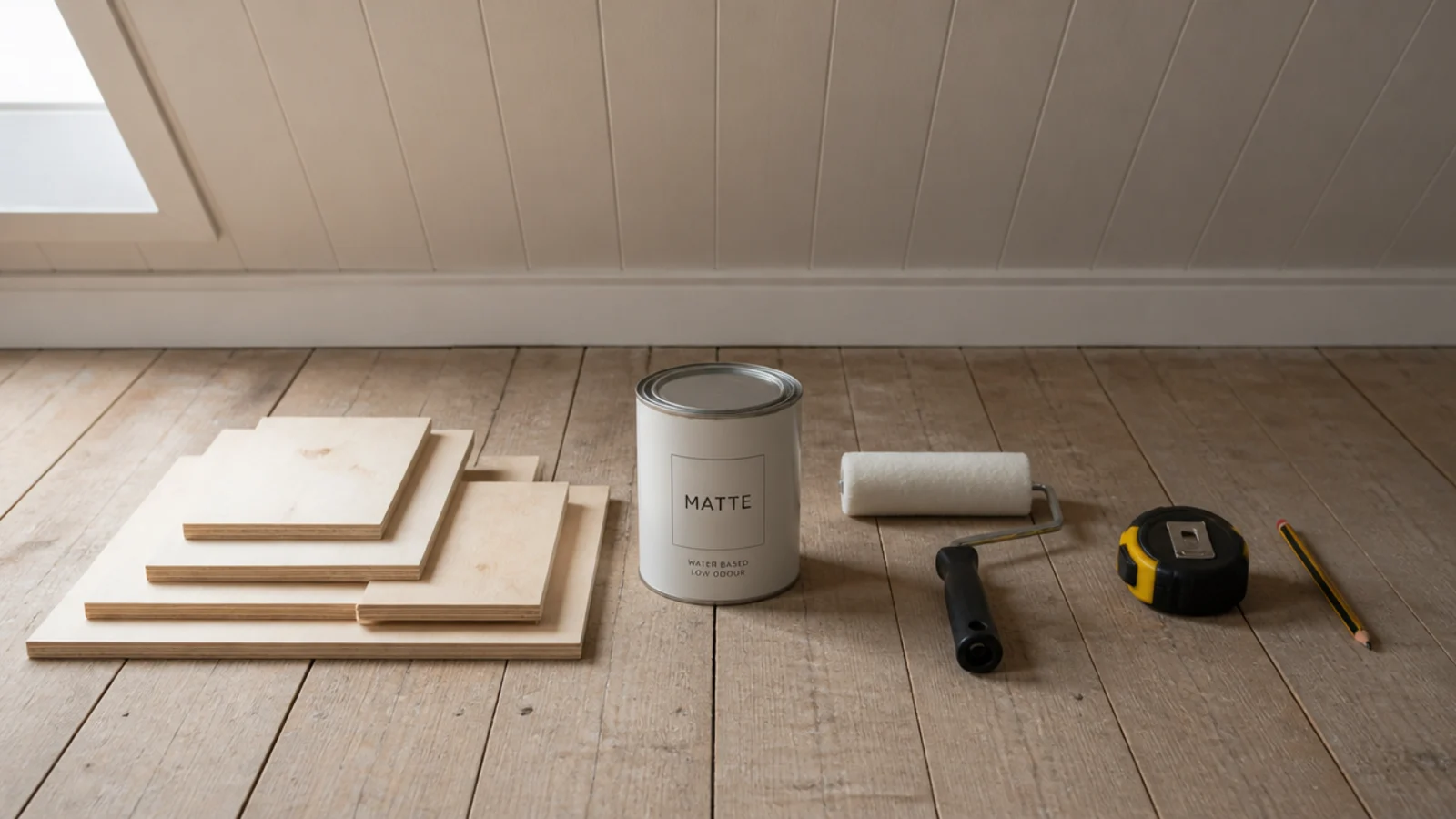 plywood offcuts paint tin and a tape measure on attic floorboards