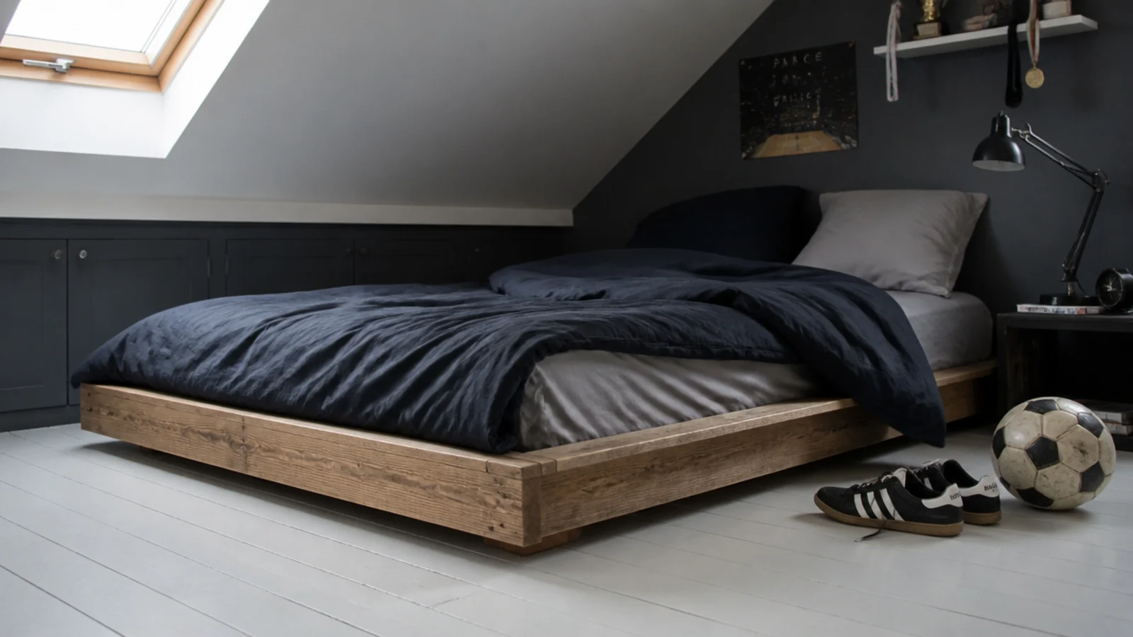 low timber bed frame sitting close to the boards under a slope