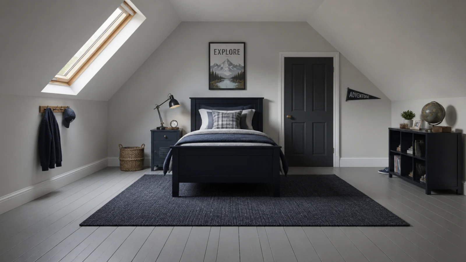 attic floorboards painted grey in a boys bedroom with a rug over