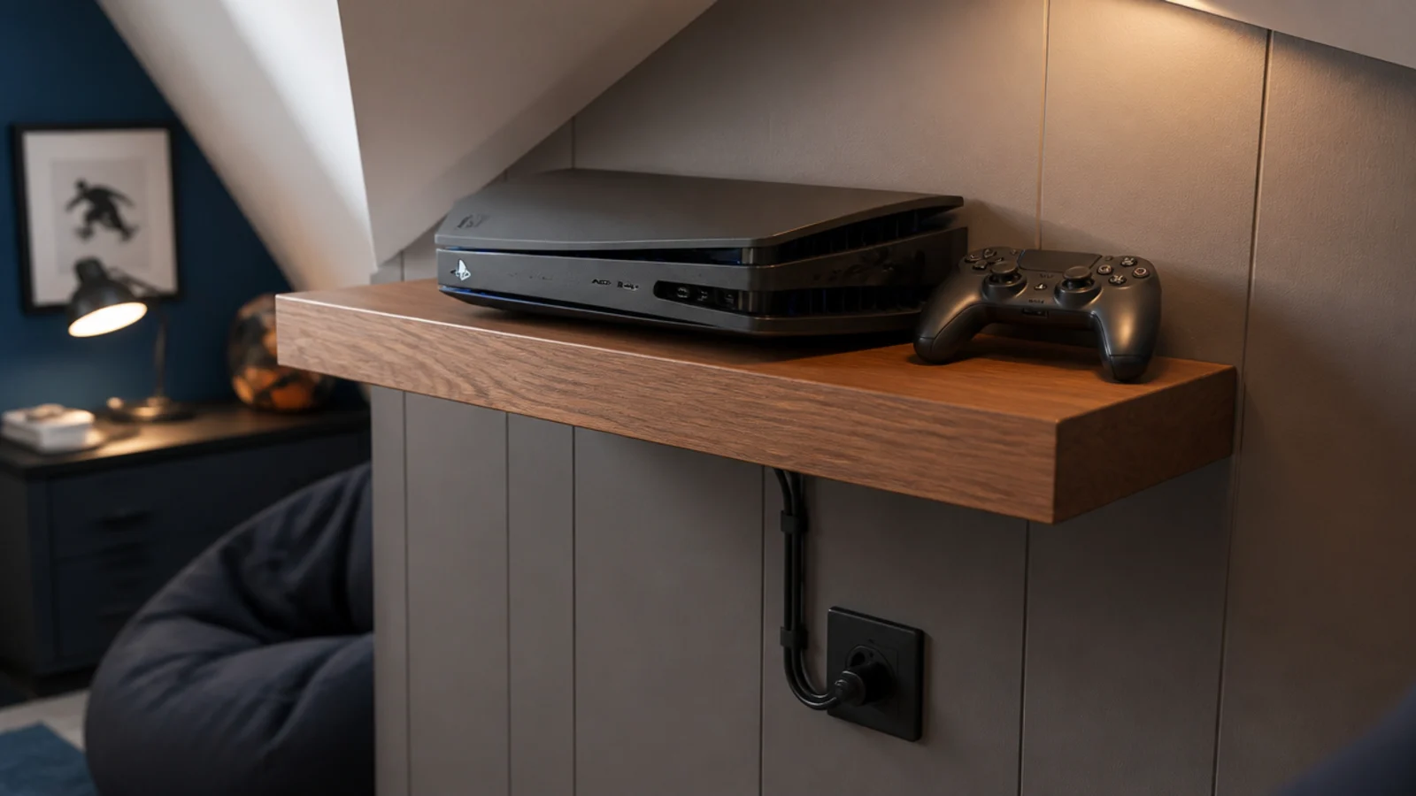 games console on a fixed shelf with cables run neatly behind