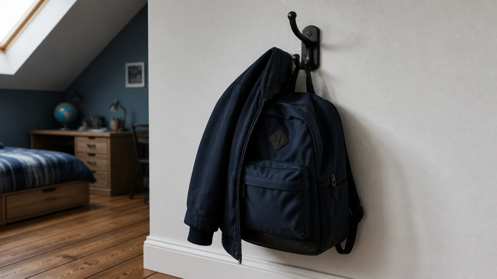school bag hanging from a sturdy hook on a boys attic wall