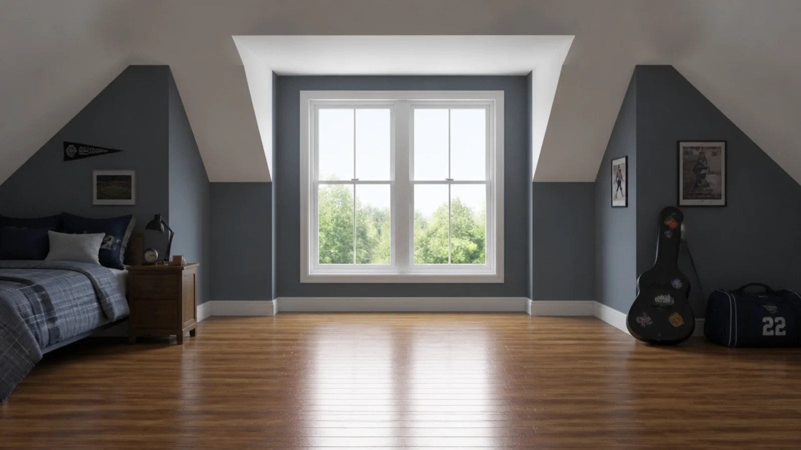 clear escape window in a boys attic bedroom with empty floor ahead