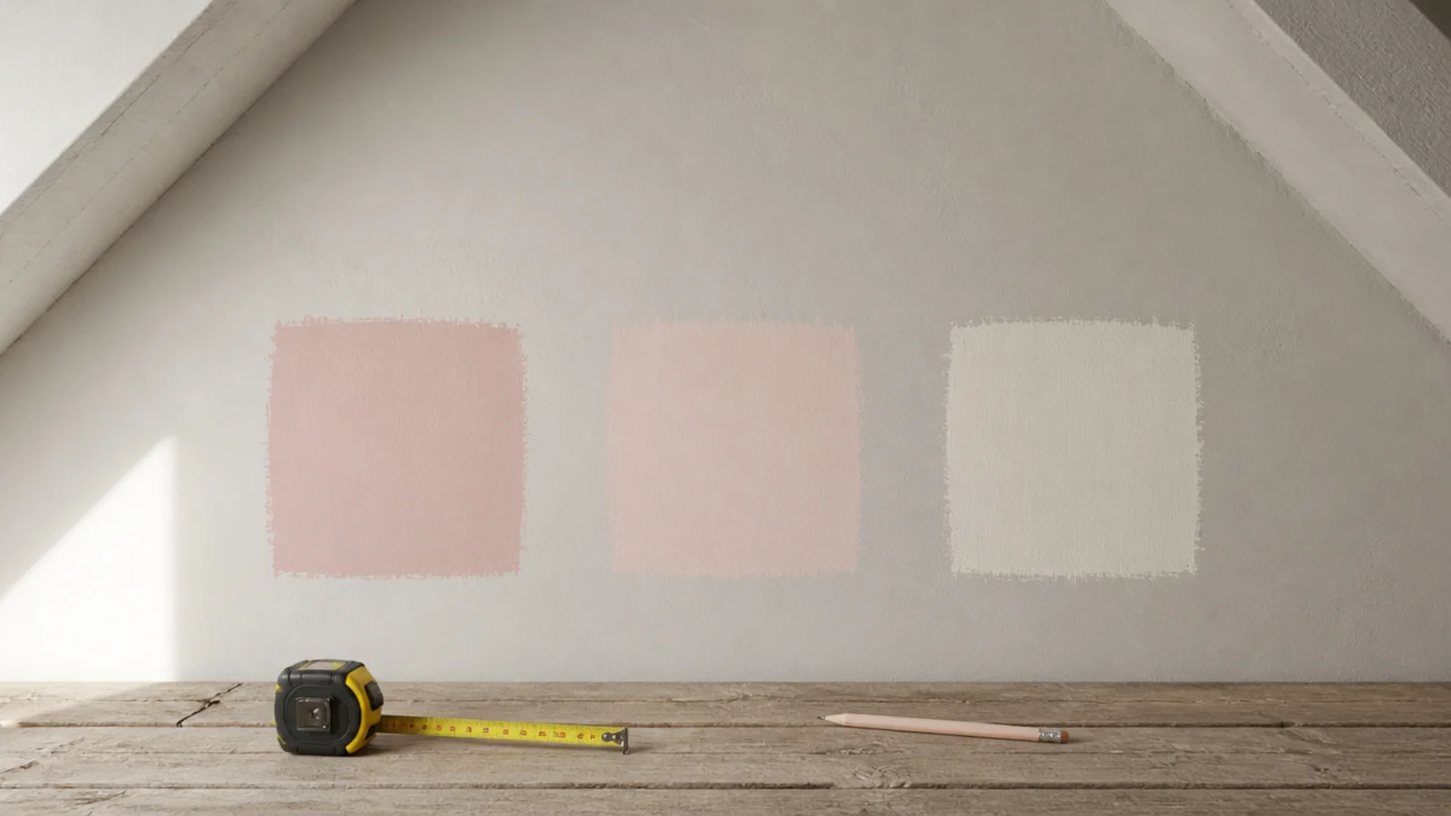 tester paint patches and a tape measure on an attic bedroom wall