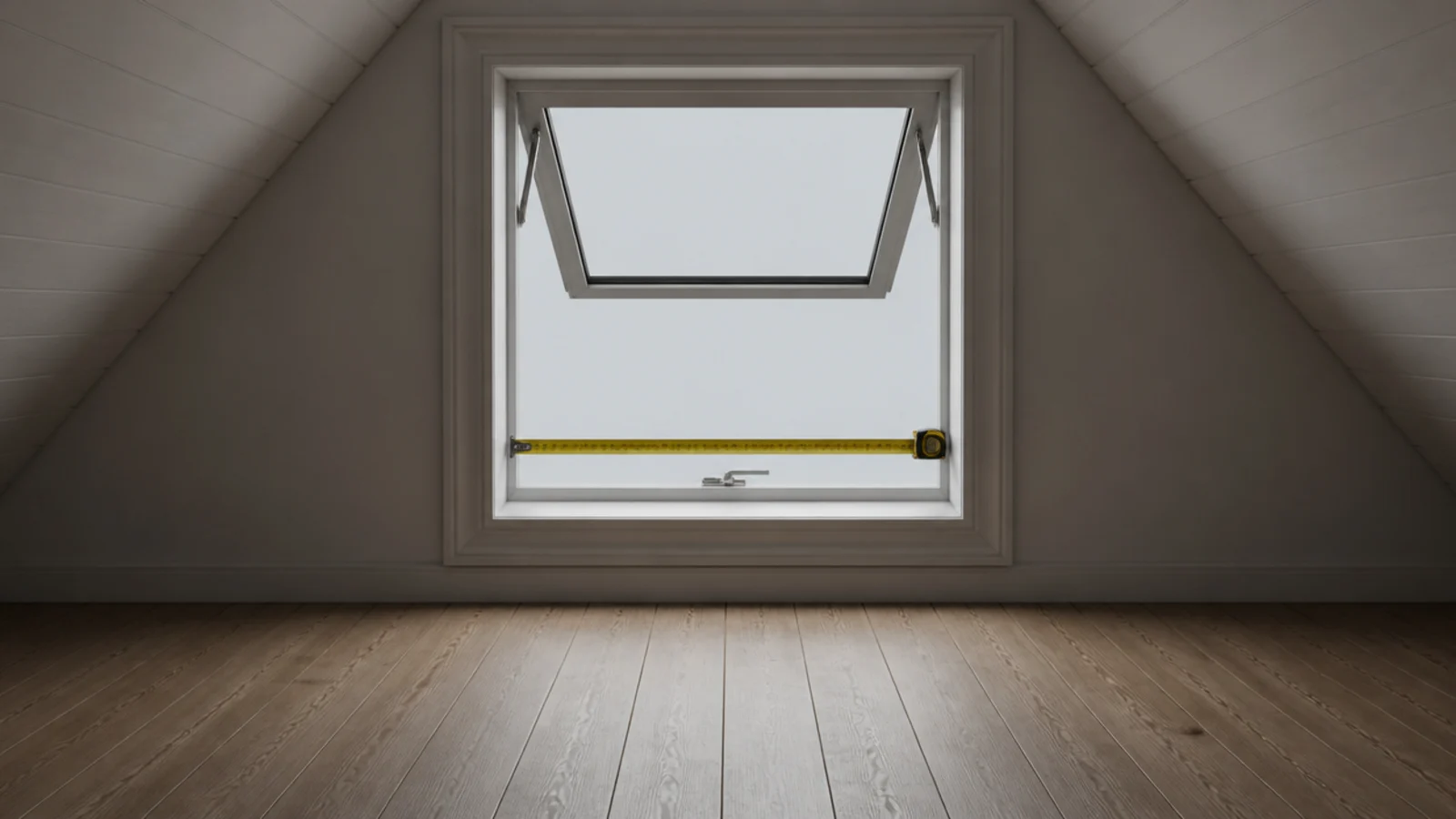 attic escape window opened fully with clear floor space in front