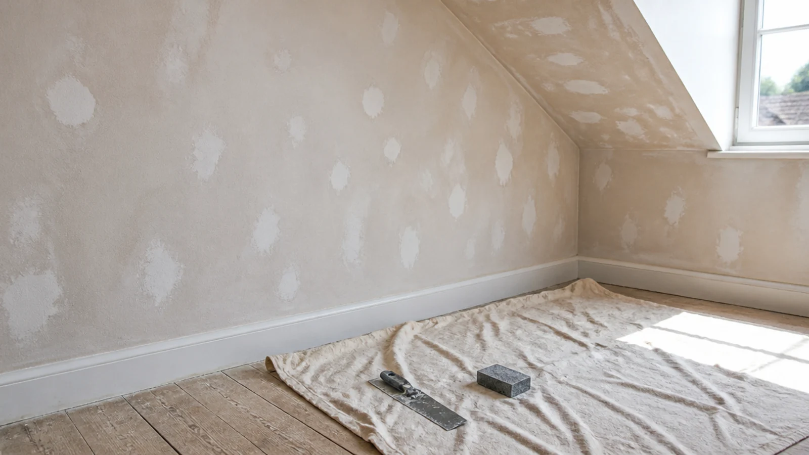 filled and sanded patches on an attic bedroom wall ready for paint