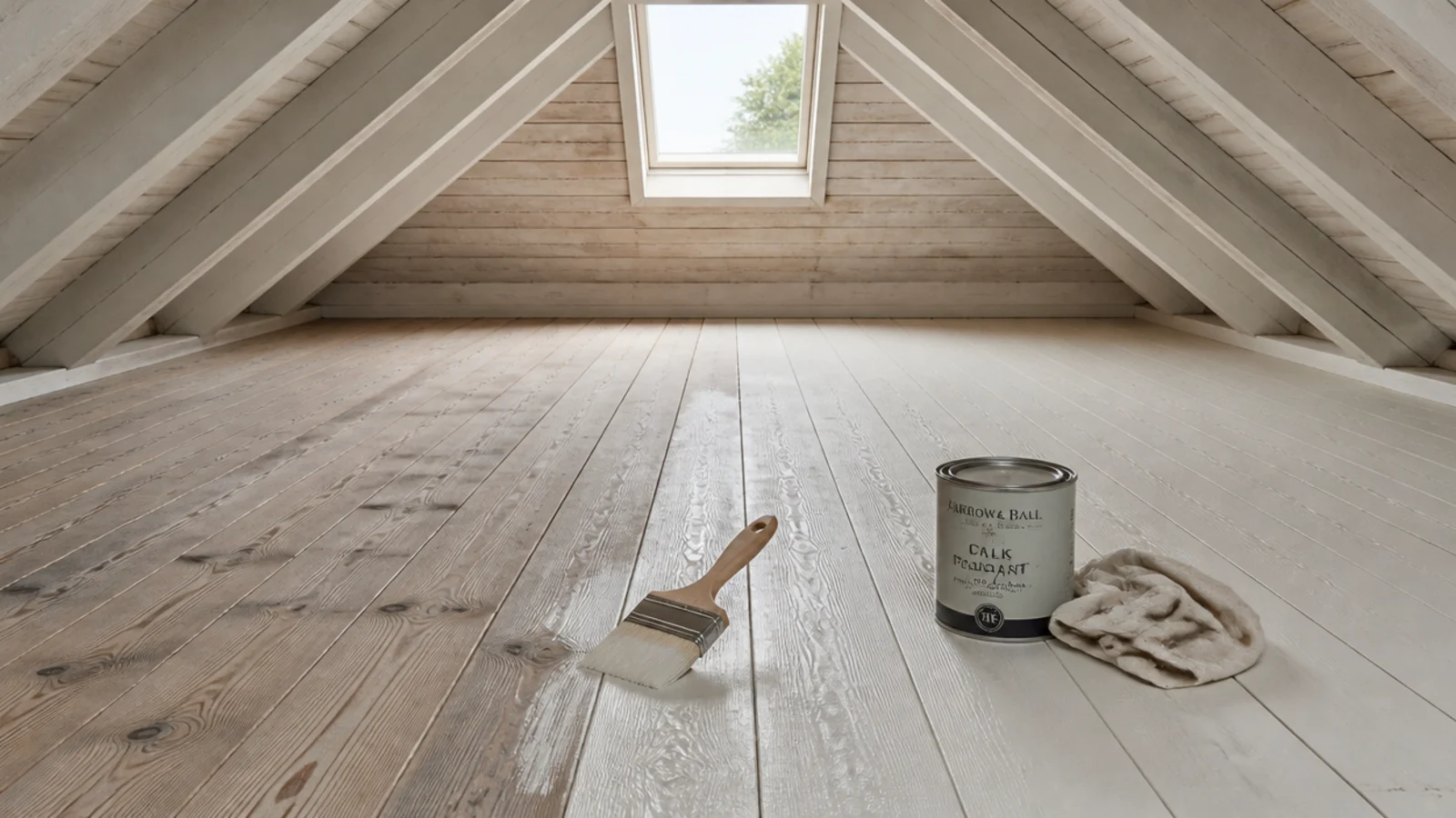 attic floorboards being painted a pale chalky tone with a brush