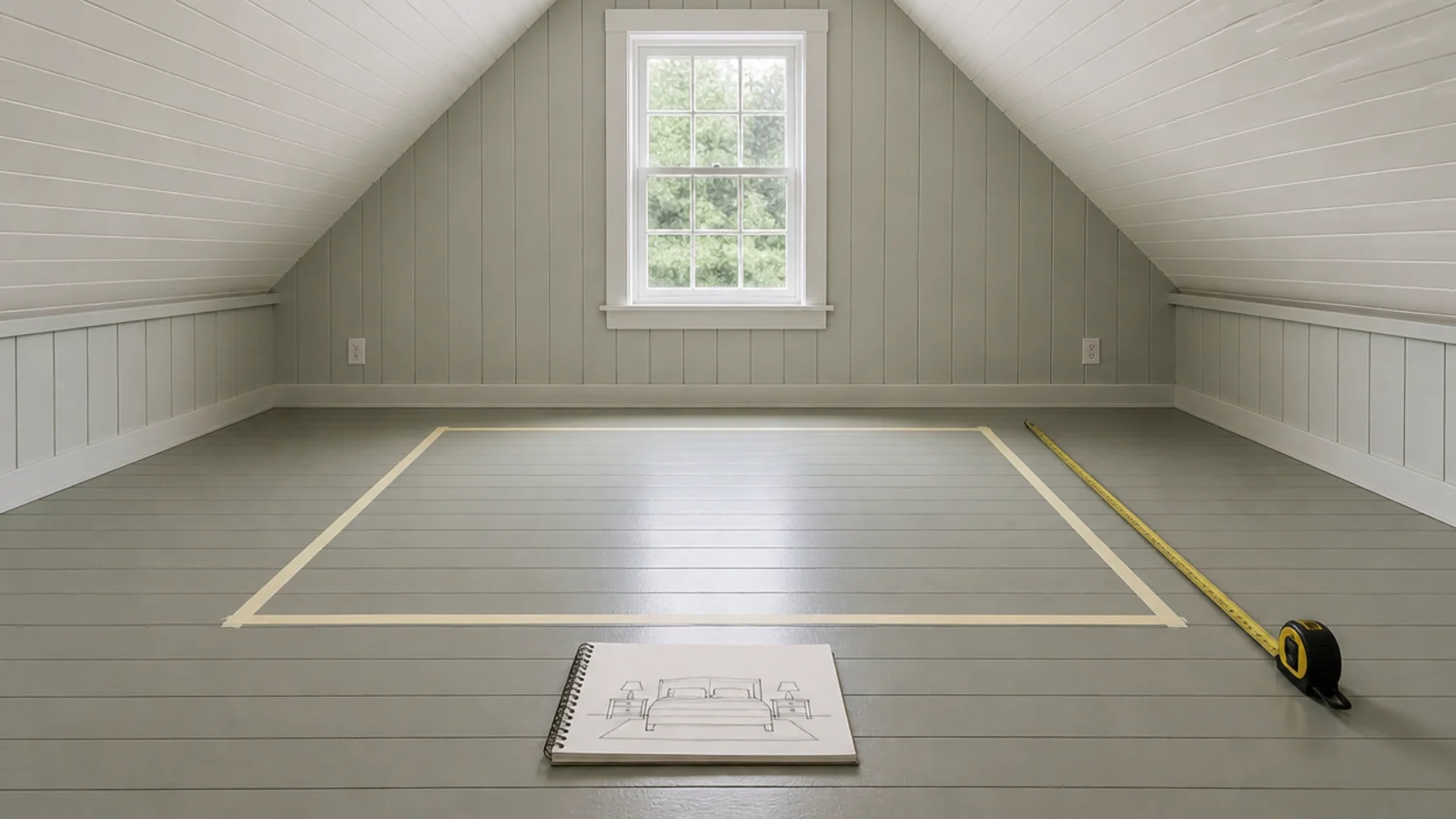 masking tape rectangle marking a bed footprint on attic floorboards