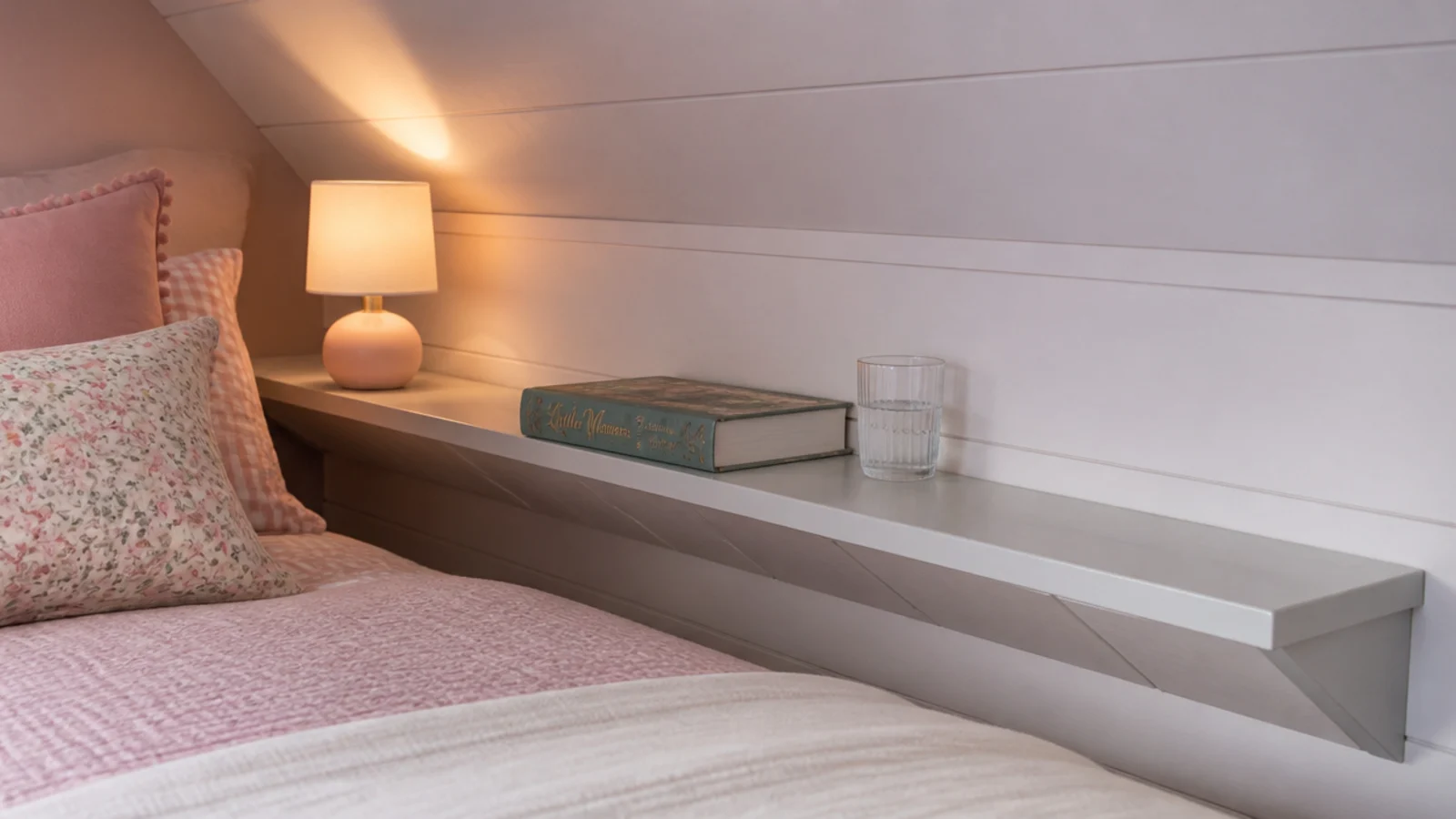 narrow shelf fixed to a knee wall beside a girls attic bed