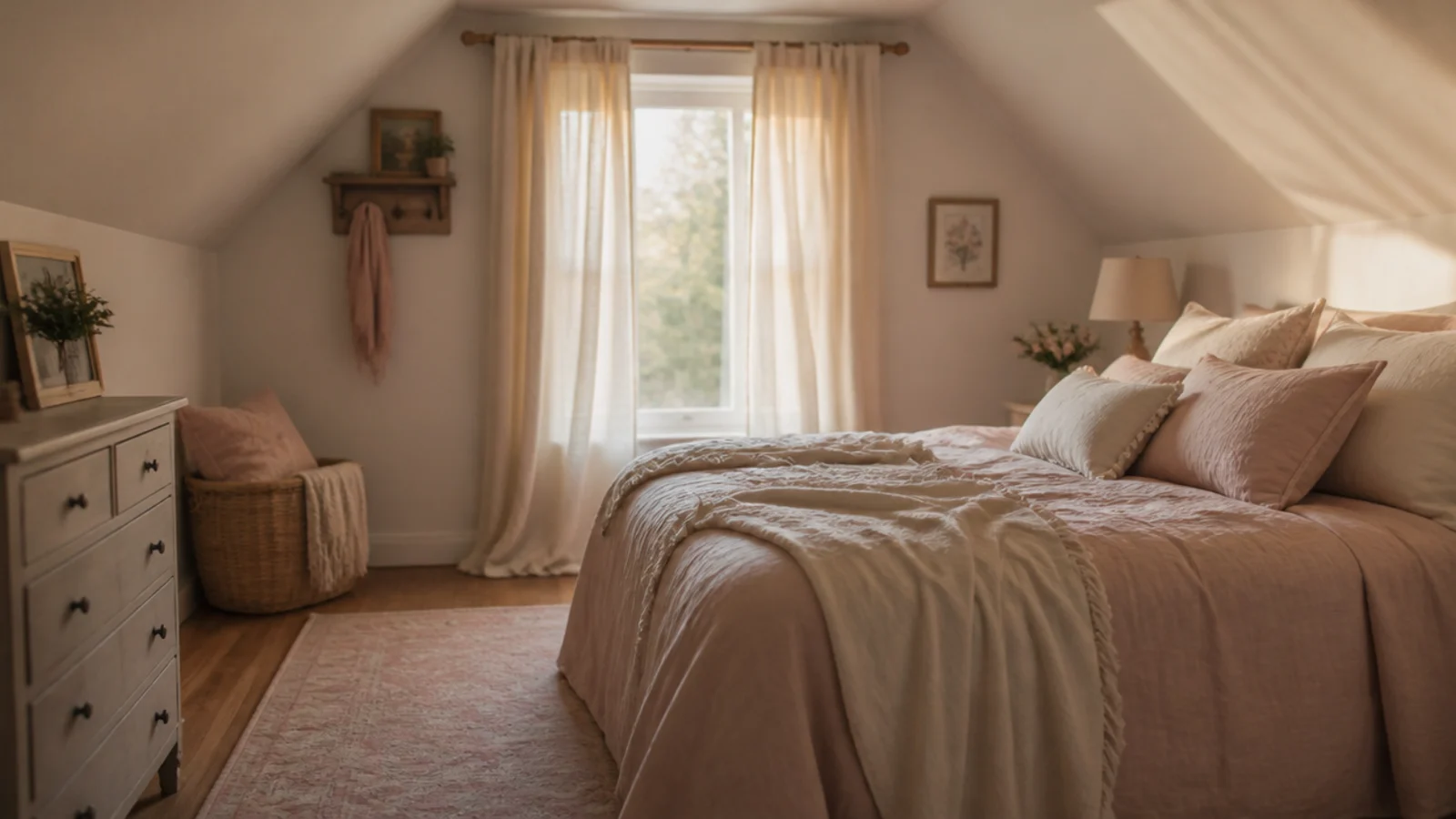 rug curtain and bedding layered in soft tones in an attic bedroom