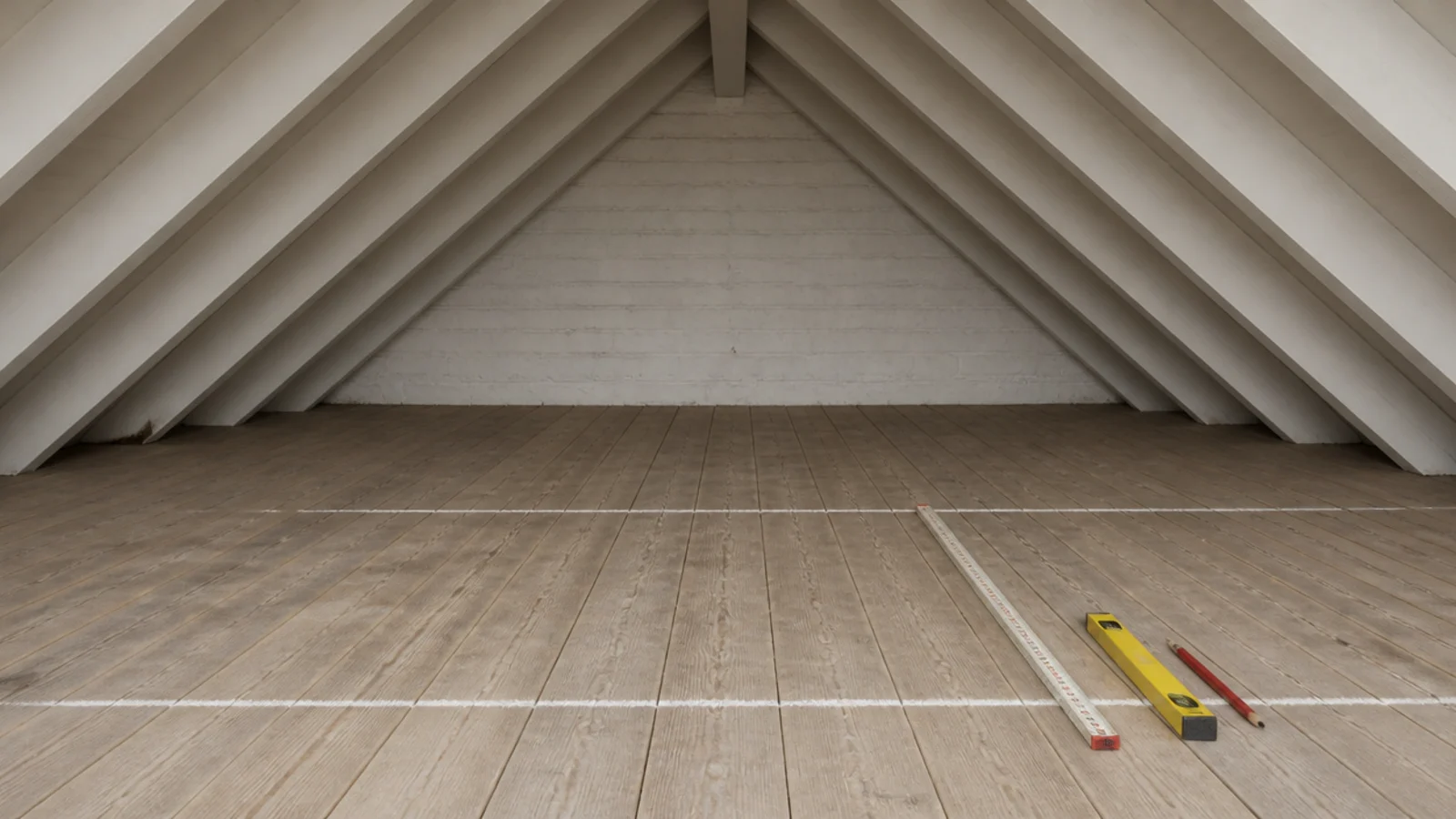 chalk marks on attic floorboards showing five foot and seven foot ceiling lines