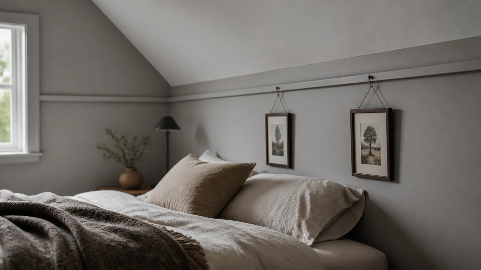 painted timber picture rail running horizontally around a short attic room
