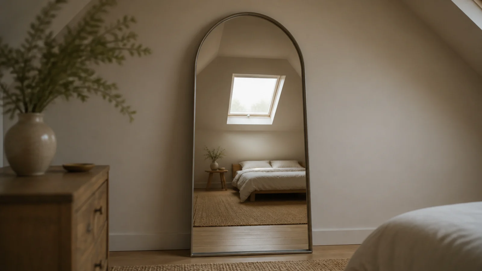 tall leaning mirror against an attic gable wall reflecting the tall strip