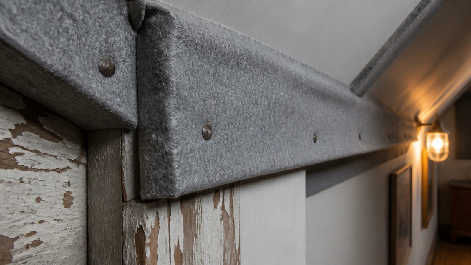 soft felt padding wrapped around a low attic rafter corner beside a doorway