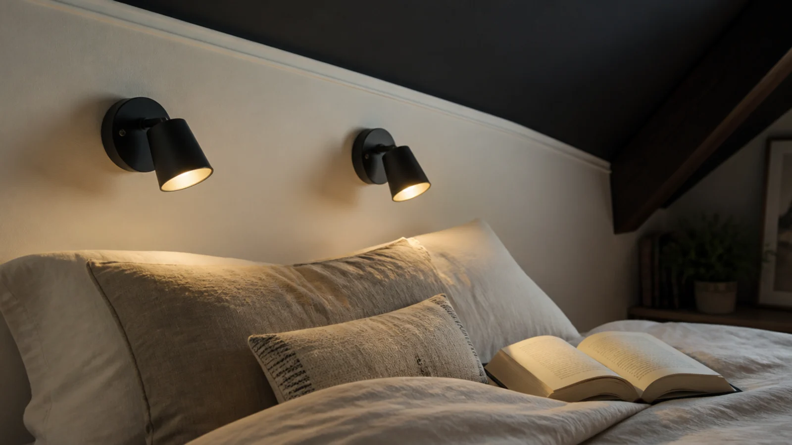 pair of small reading lights fixed low on an attic knee wall
