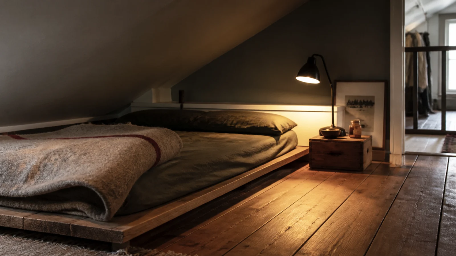 low attic bedroom ideas with a floor level mattress under a short sloping ceiling