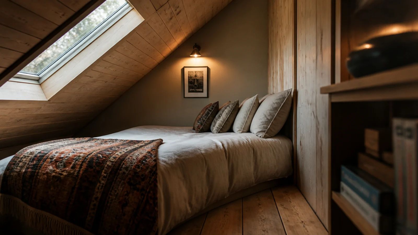 bed turned sideways with its long edge tucked under a sloping attic ceiling