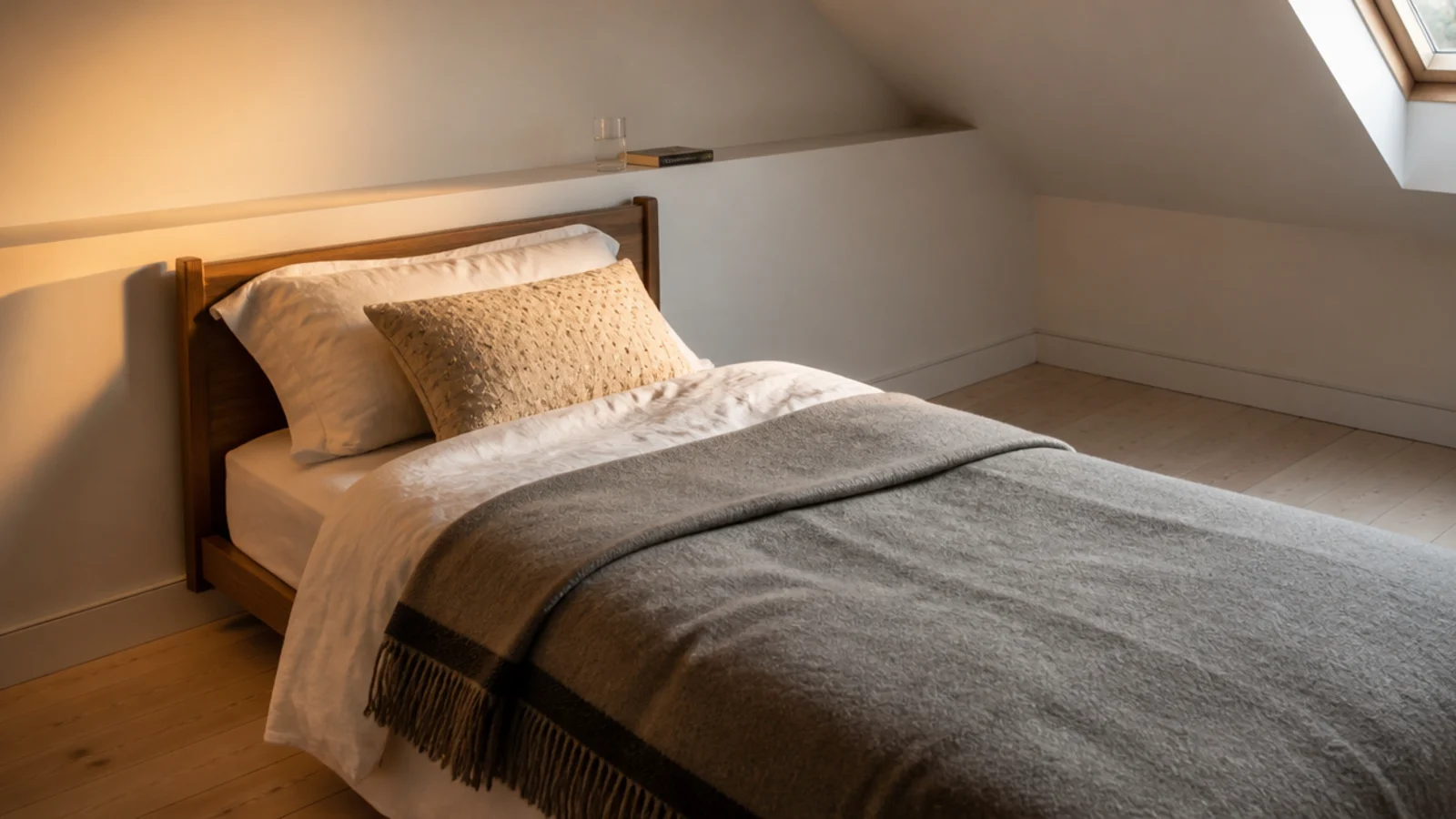 small attic bed with a wall ledge and no freestanding bedside furniture