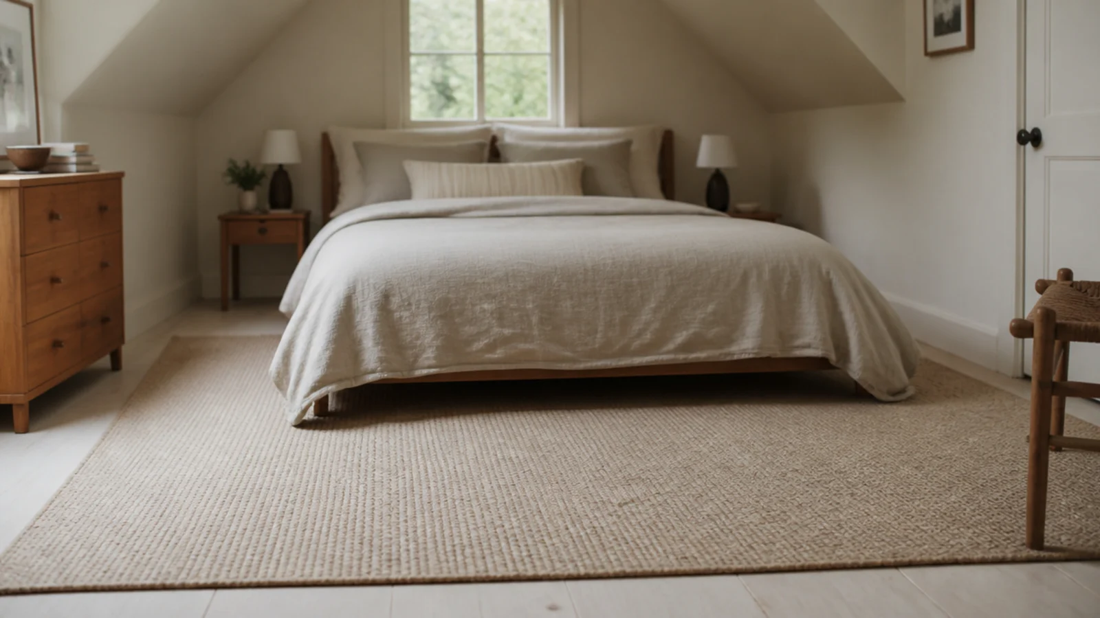 single large flatweave rug filling the open floor of a small loft