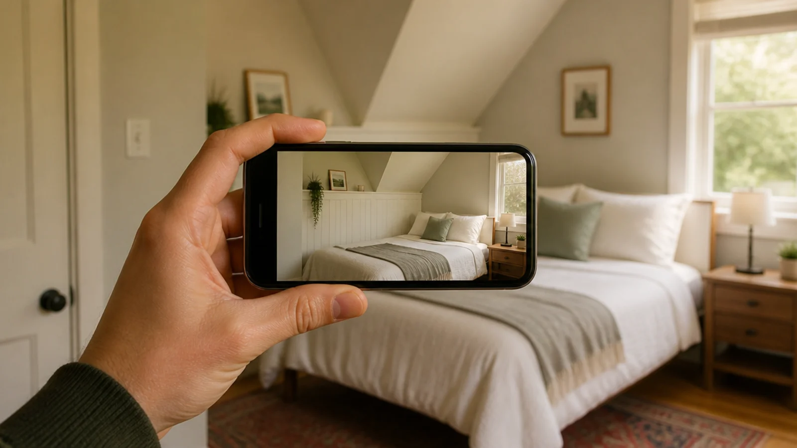 phone held up photographing a small attic bedroom for a styling check