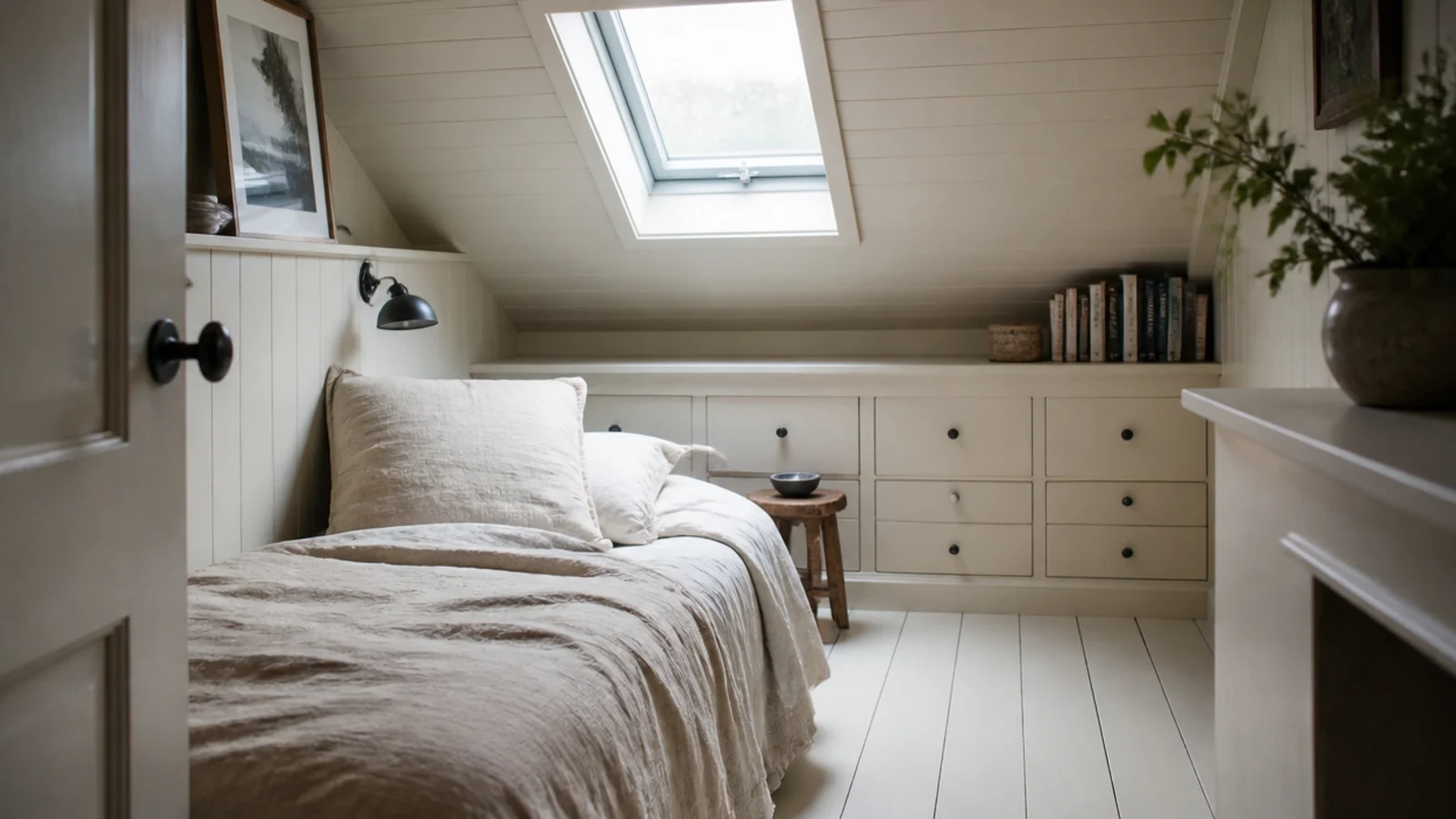 small attic bedroom ideas in a tight loft with built in eaves storage