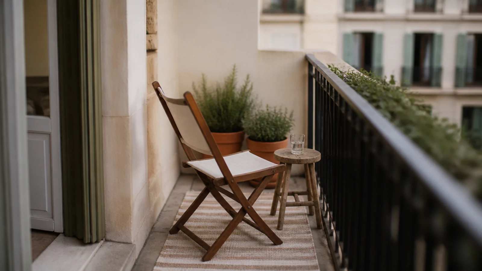 empty balcony slab furnished with a single chair rug and herb pots