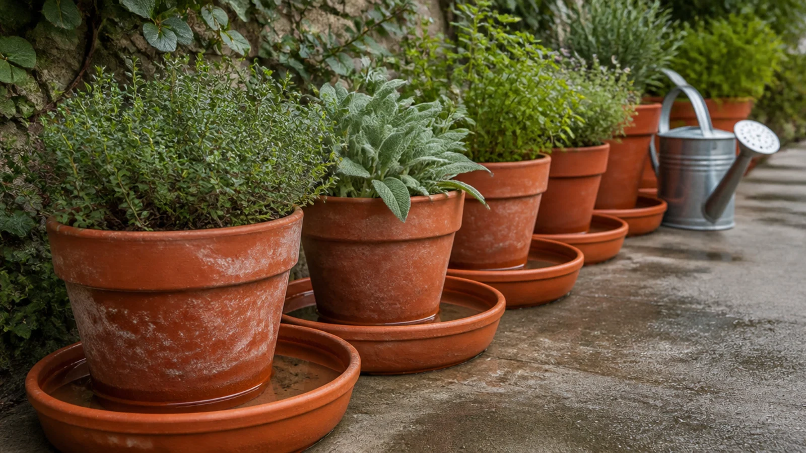 wide saucers fitted beneath every terracotta pot on a balcony floor