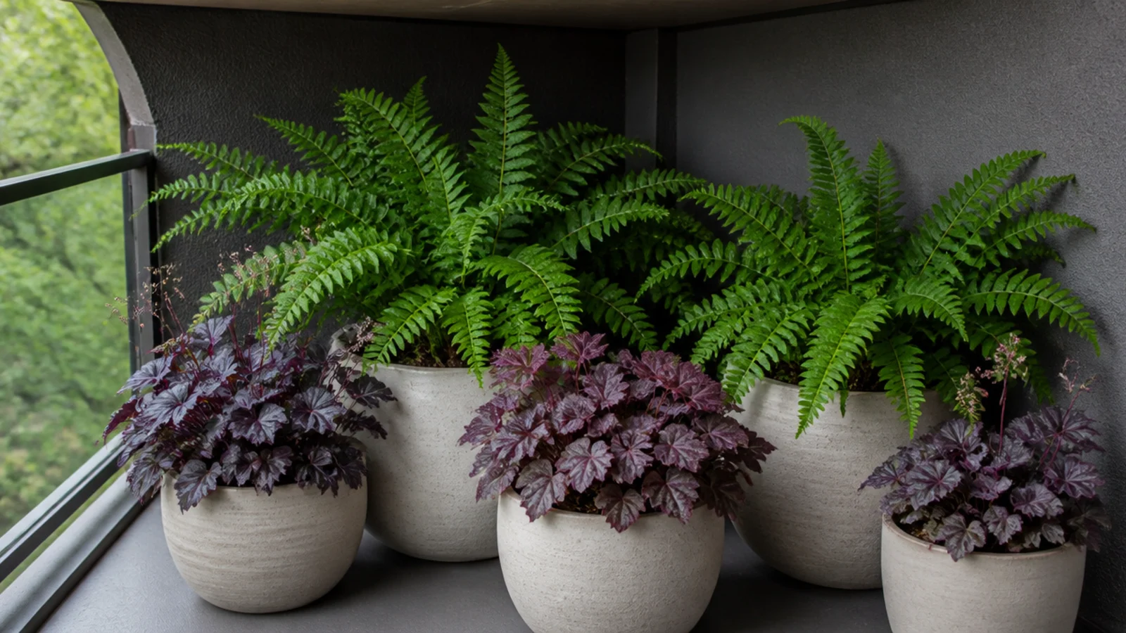 ferns and heuchera replacing sun plants on a shaded balcony corner