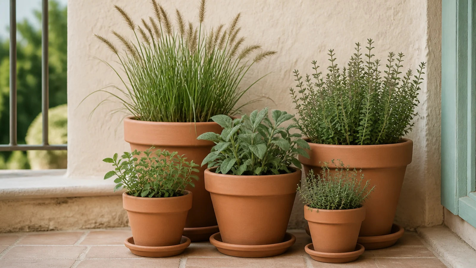 matching terracotta pots replacing a mixed collection on a balcony
