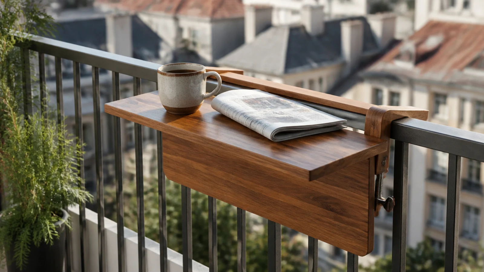 rail hung folding table holding a coffee cup on a narrow balcony