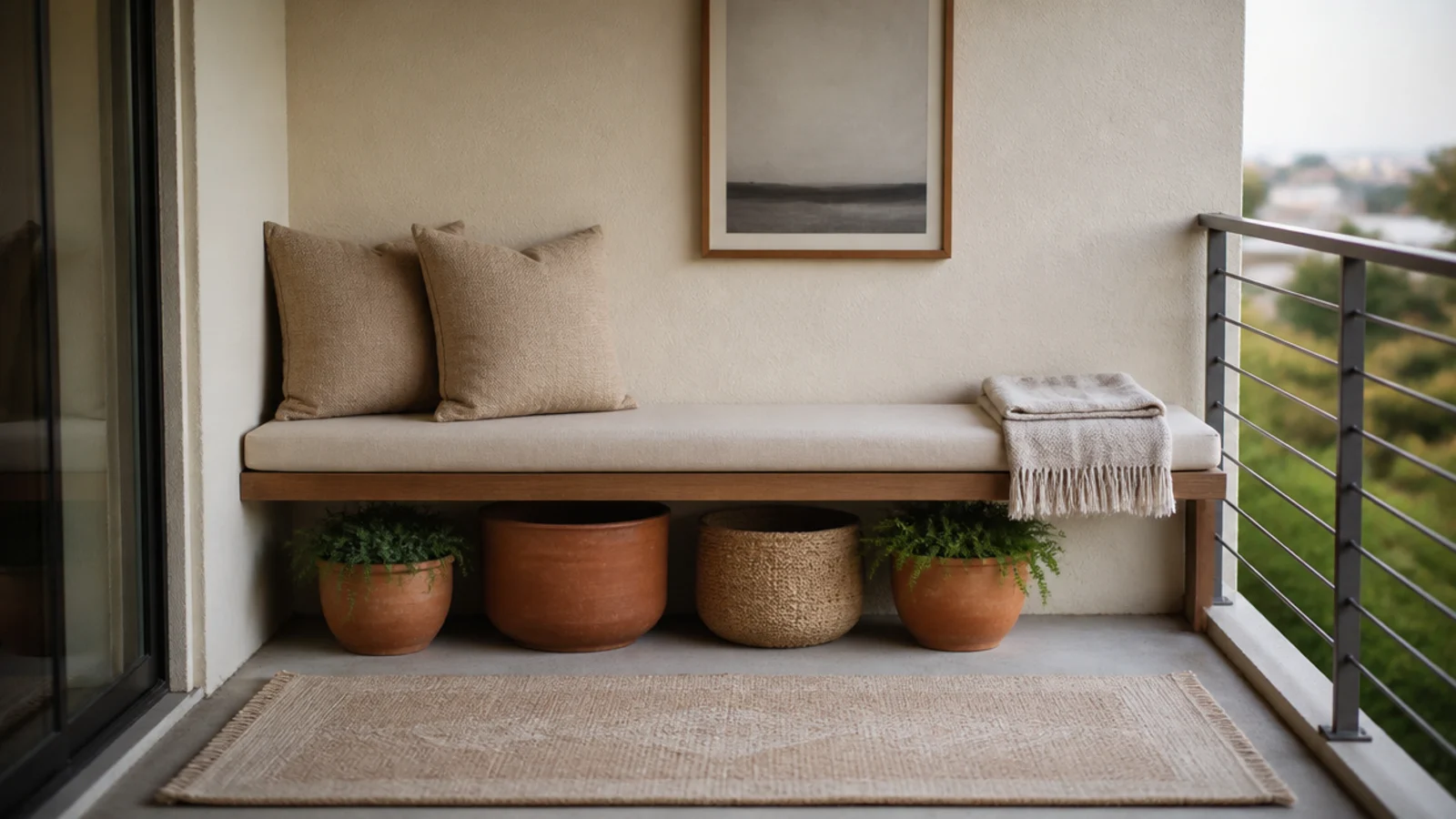 narrow bench along an end wall seating two on a small balcony
