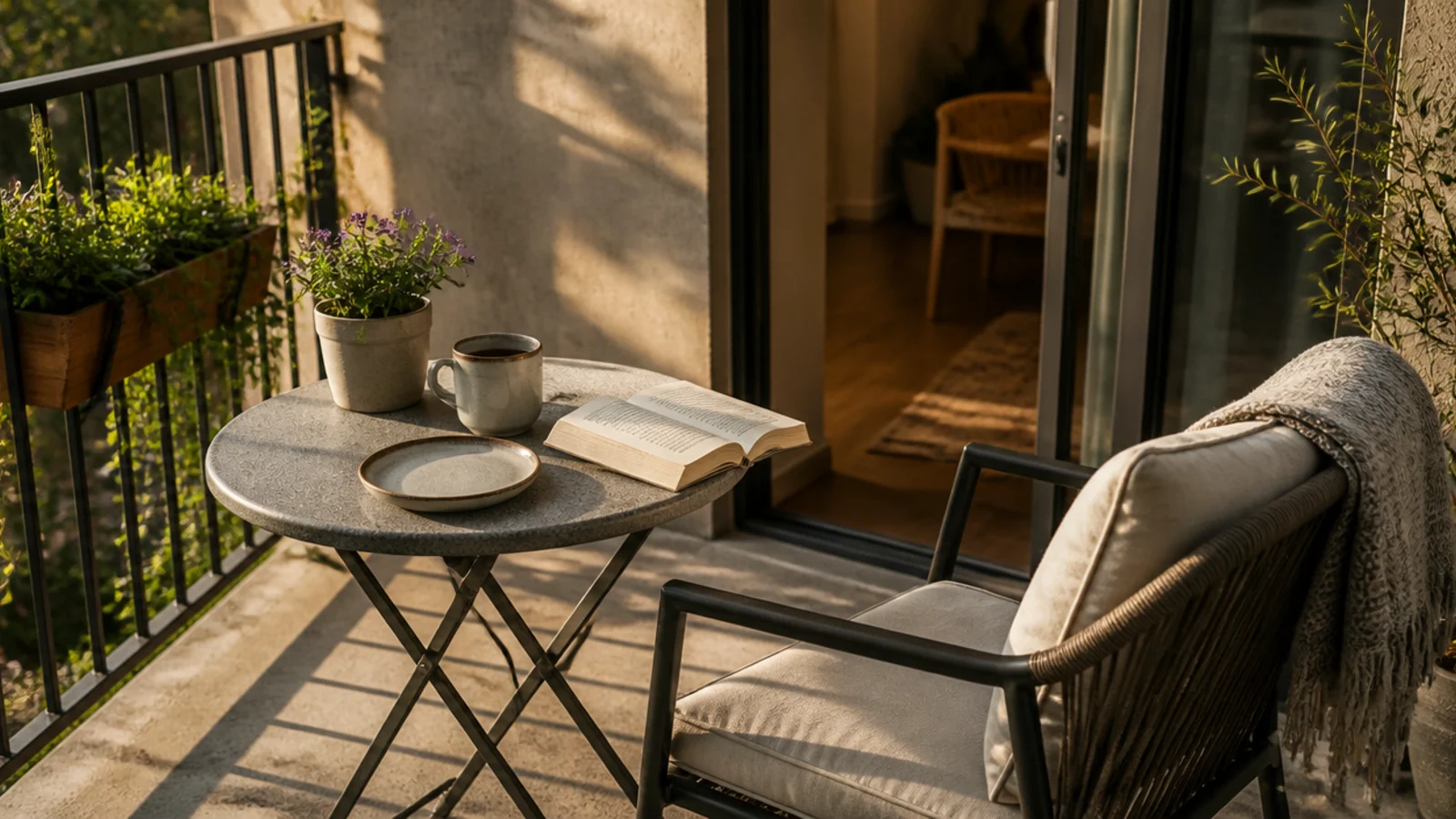 morning coffee laid out on a small balcony table with an open door