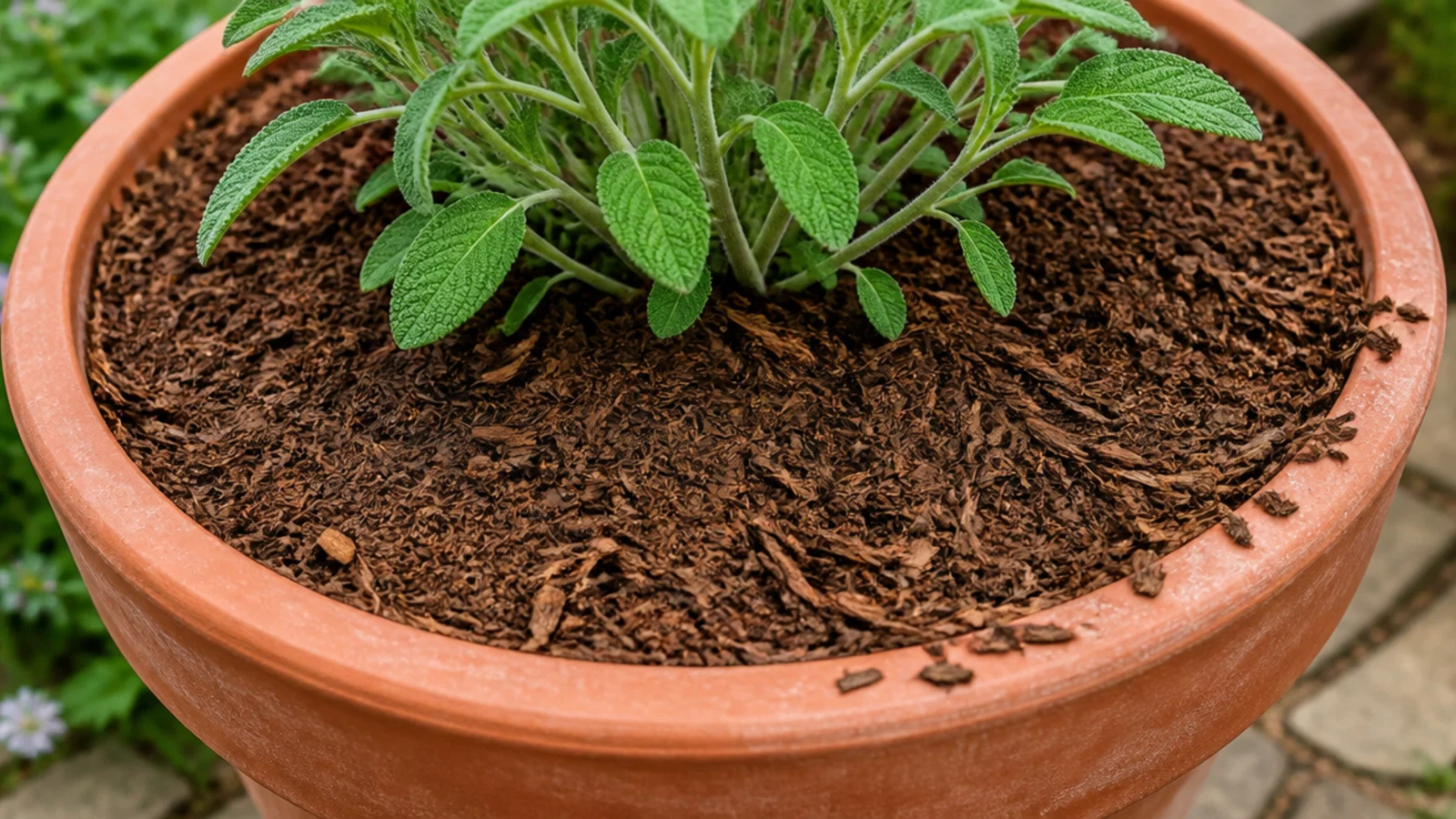 fine bark mulch spread over the surface of a balcony planter
