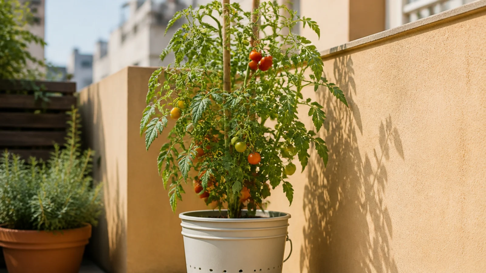 cherry tomato plant staked in a large bucket on a sunny balcony