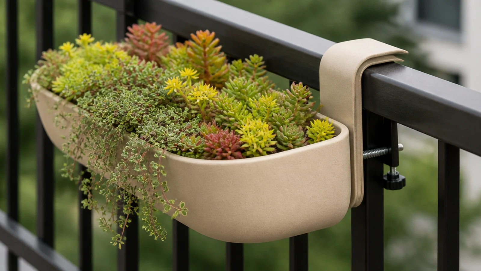 hook over trough of sedum resting inside an apartment balcony rail