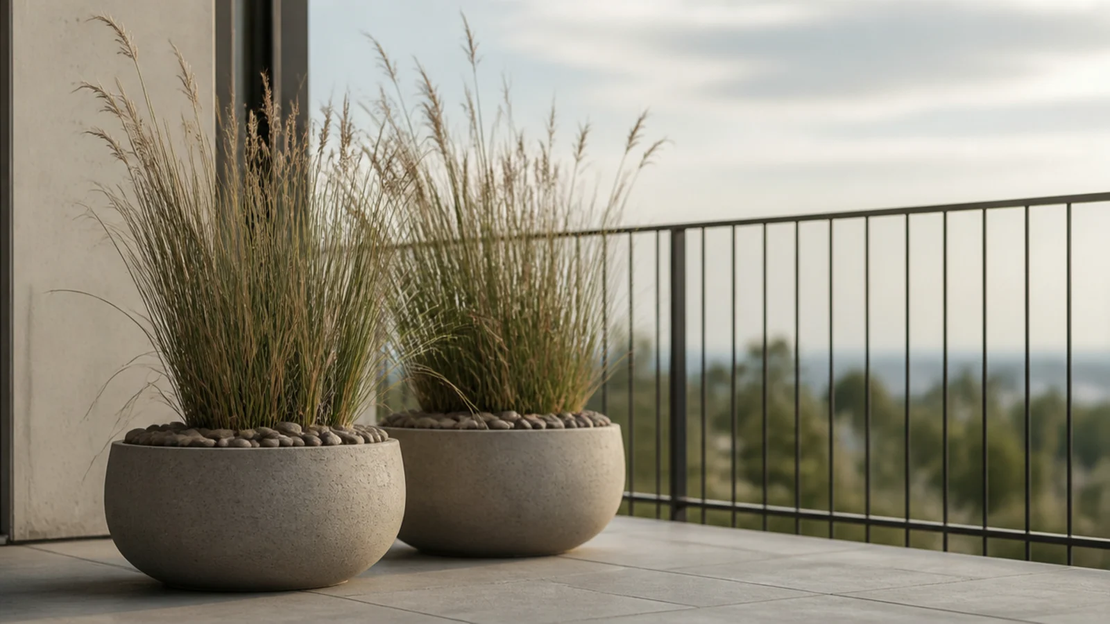 tall grasses in wide heavy based pots on an exposed balcony floor